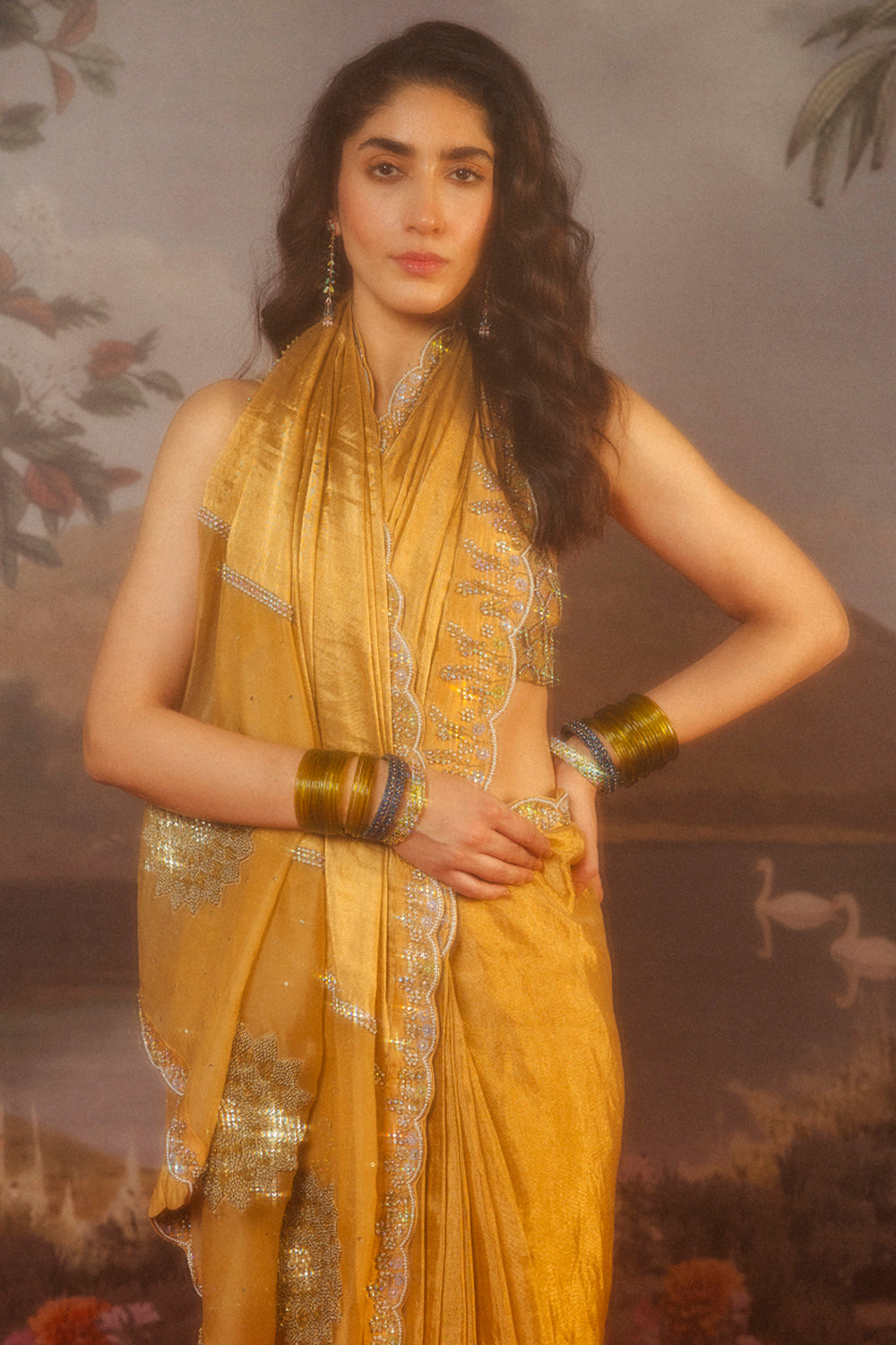 Lotus Pond Hand-Embroidered Saree with Superheroes Hand-Embroidered Blouse in Gold