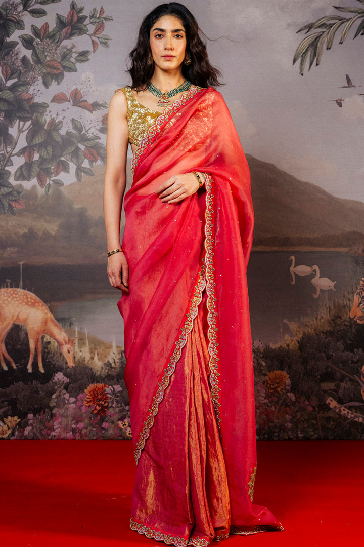 Leaf Textured Hand-Embroidered Blouse with Lotus Pound Hand-Embroidered Saree in Gold and Coral