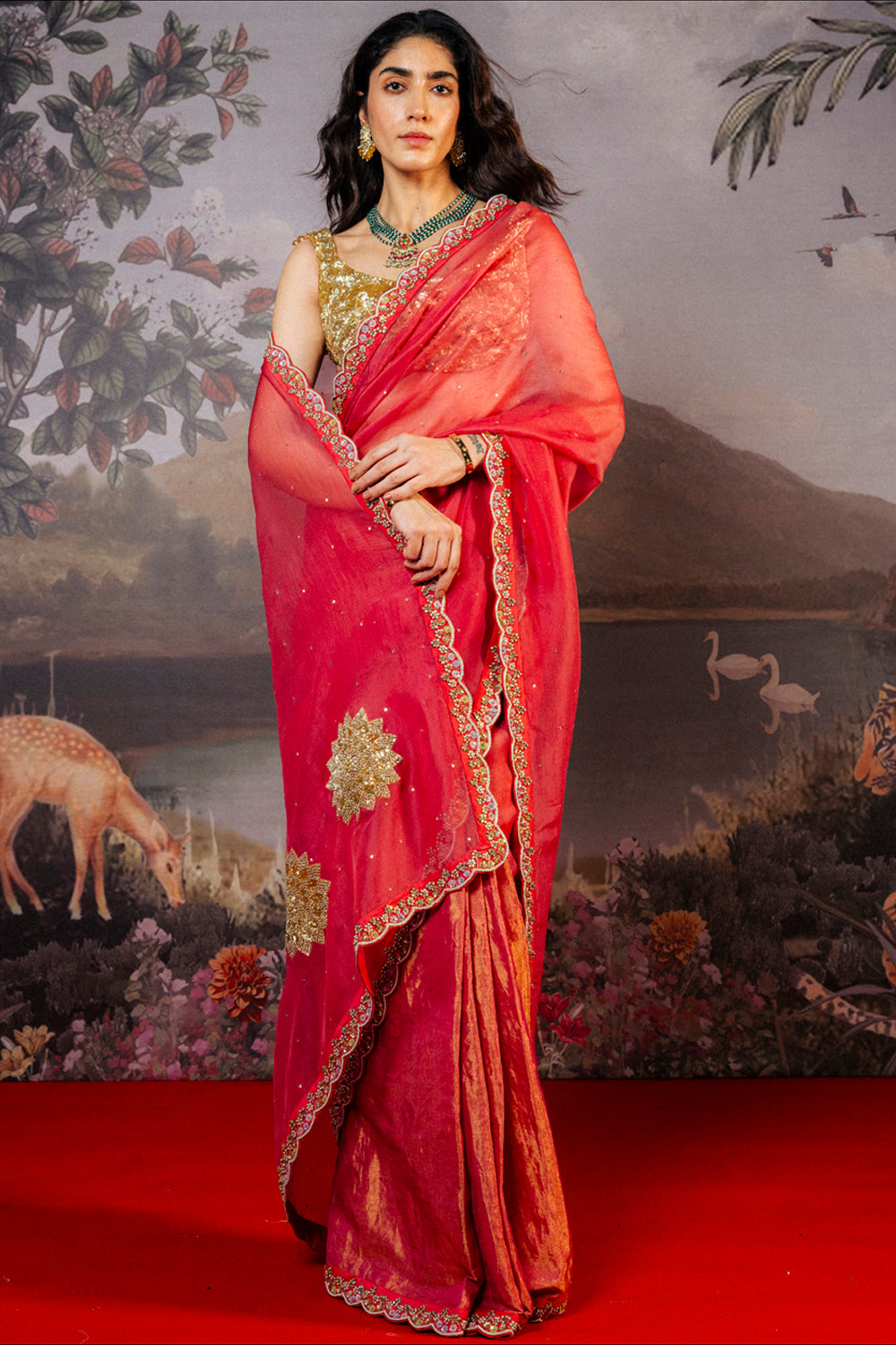 Leaf Textured Hand-Embroidered Blouse with Lotus Pound Hand-Embroidered Saree in Gold and Coral