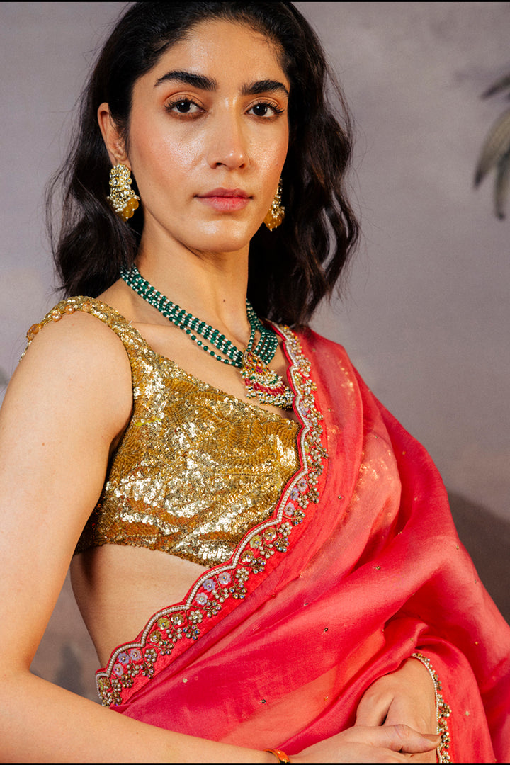 Leaf Textured Hand-Embroidered Blouse with Lotus Pound Hand-Embroidered Saree in Gold and Coral