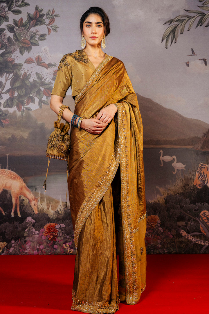 Anar Bel Woven Silk V-Neck Blouse In Antique Gold