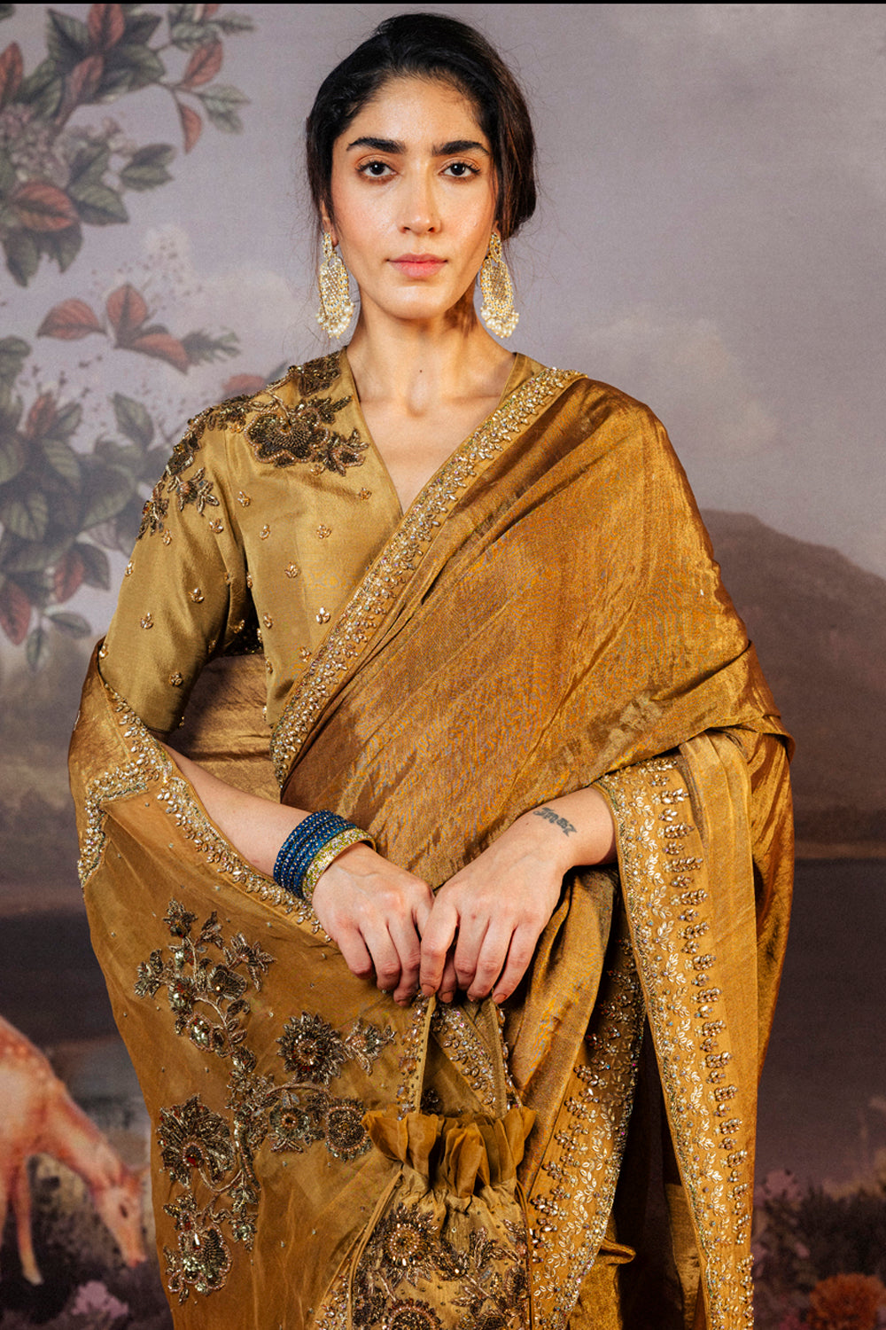 Anar Bel Woven Silk V-Neck Blouse In Antique Gold