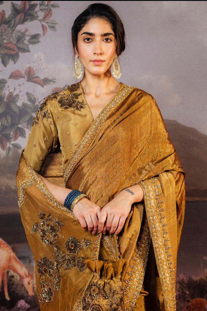 Anar Bel Woven Silk V-Neck Blouse In Antique Gold