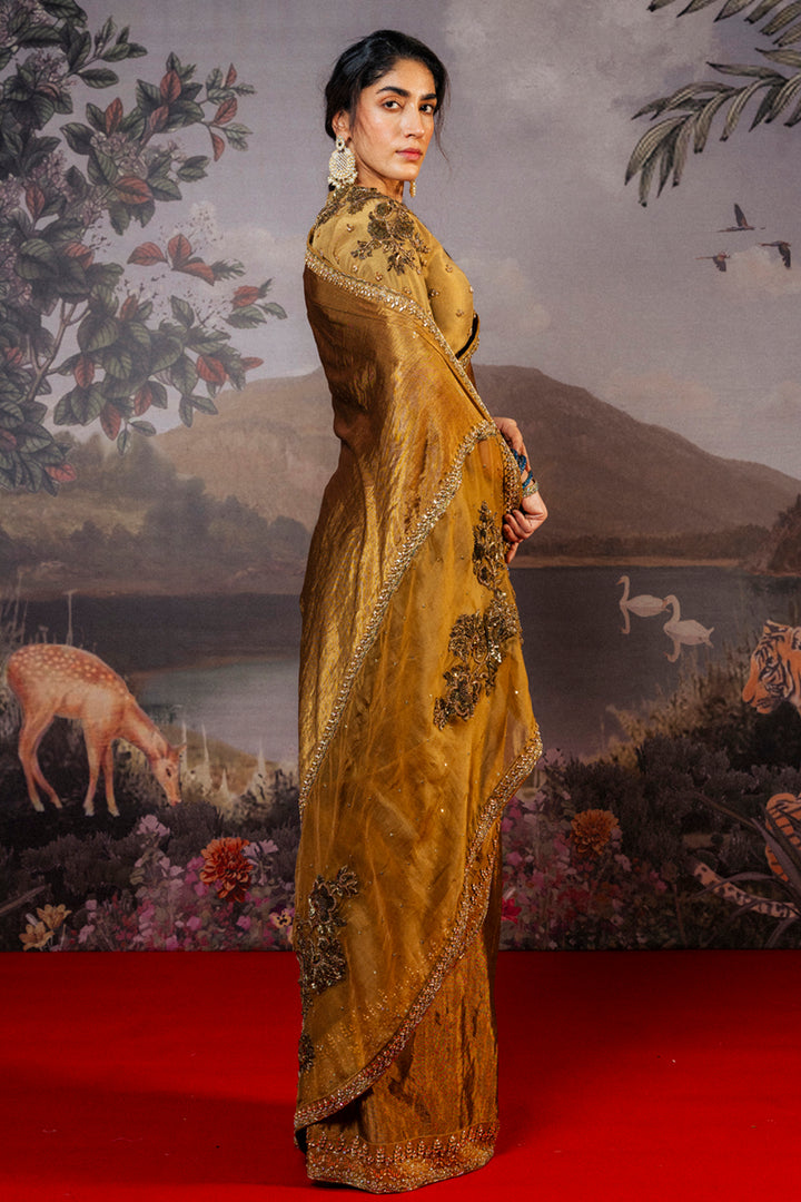 Anar Bel Woven Silk V-Neck Blouse In Antique Gold
