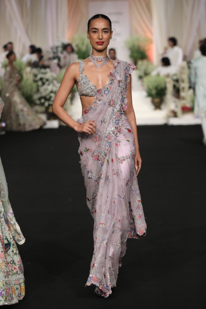 Anar Bel Silk Organza Saree with Anar Bel Jaal Hand-Embroidered Blouse in Lilac and Silver