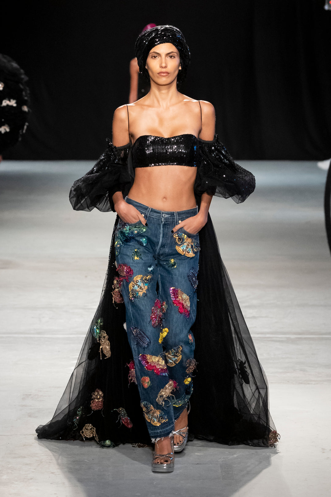 Hand Embroidered Black Sequin Cape With Sequin Bralette &amp; Moth Light Denim Jeans
