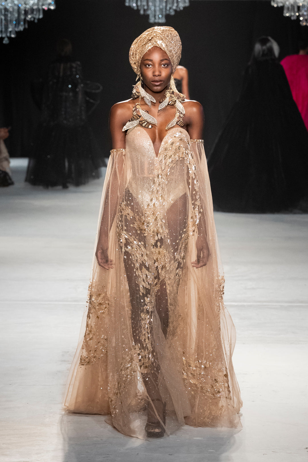 Superheroes Hand-Sequinned Gown in Nude and Gold