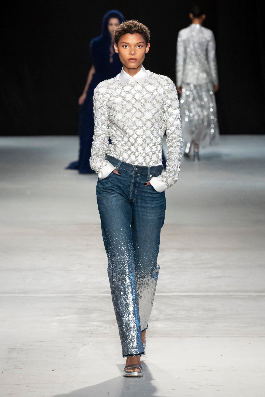 Lattice Ivory Embroidered Top With Satin Shirt and Silver Sequin Denim