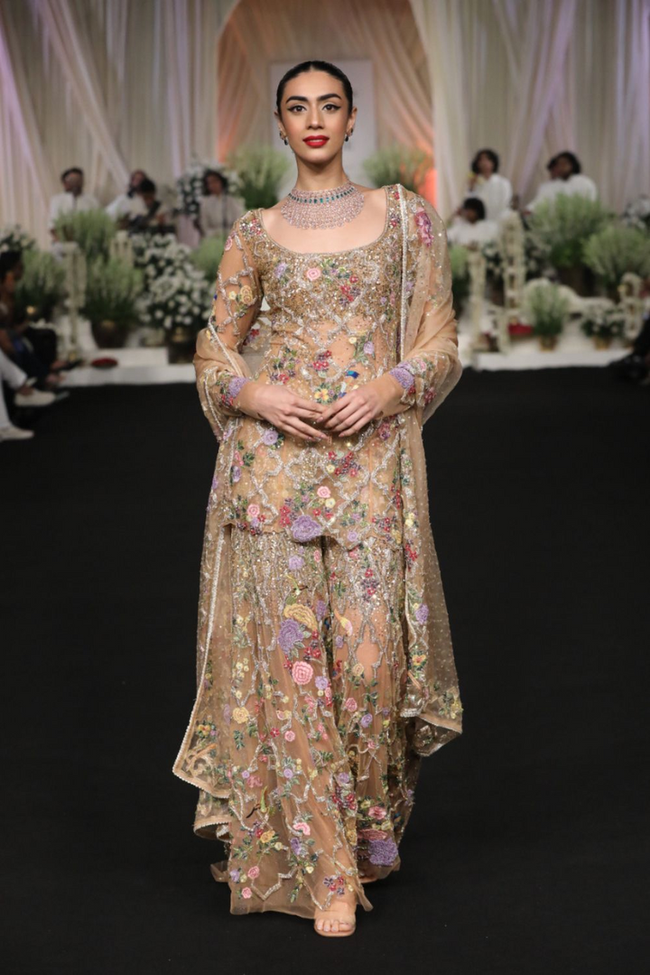 Birds Of Paradise Hand-Embroidered Kurta with Hand-Embroidered Sharara in Nude