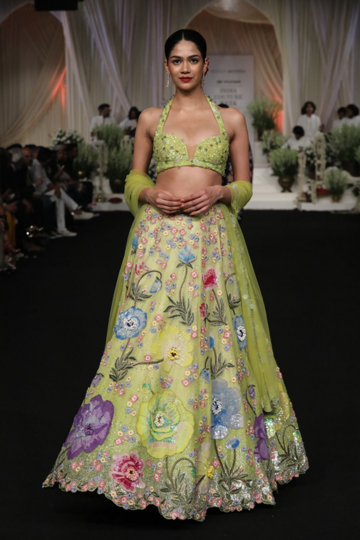 Peonies Silk Organza Lehenga and Hand-Embroidered Blouse with Peonies Silk Organza Dupatta in Lime Green and Ivory