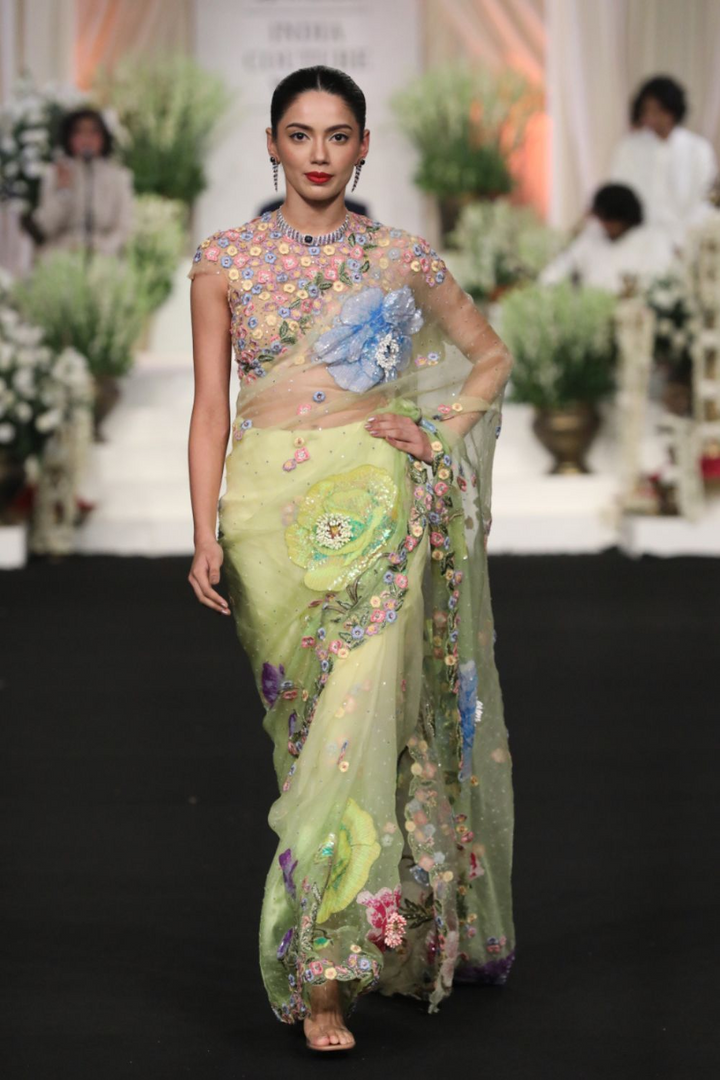 Peonies Silk Organza Saree with Peonies Hand-Embroidered Blouse in Lime Ombre and Lime