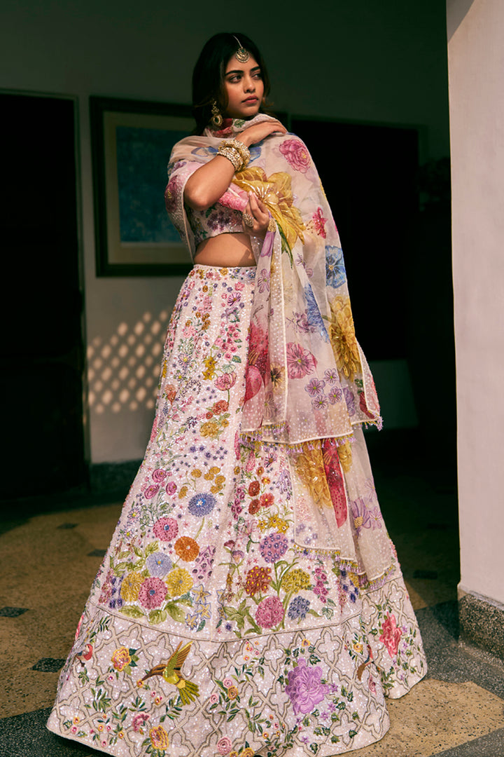 Valley Of Flowers Silk Organza Kalidar Lehenga with Silk Satin Blouse &amp; Organza Dupatta in Ivory and Mint