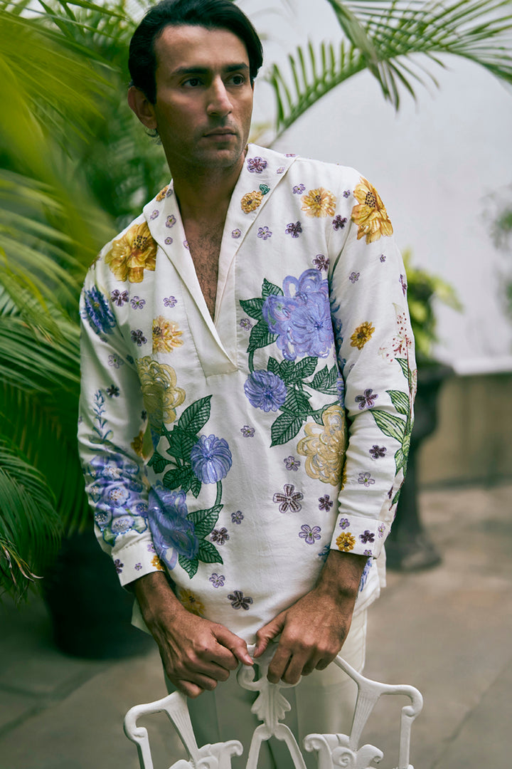 Valley Of Flowers Hand-Embroidered Shirt in Ivory