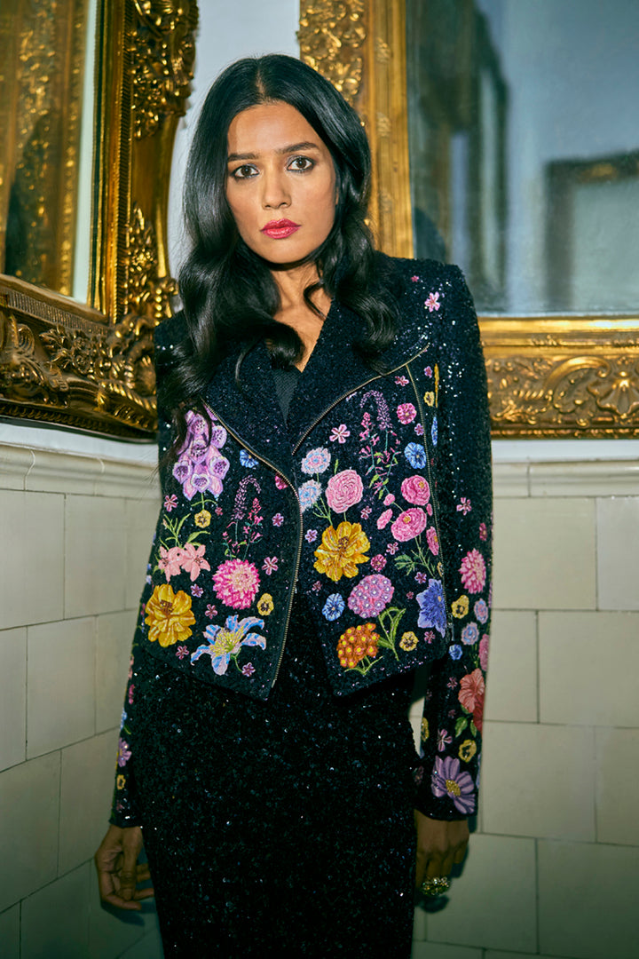 Valley Of Flowers Silk Satin Biker Jacket in Black
