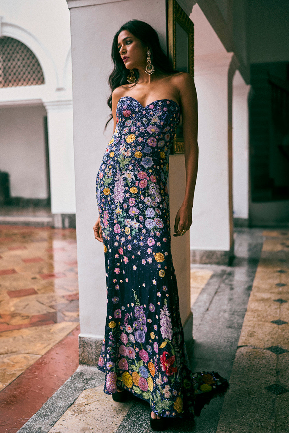 Valley Of Flowers Silk Satin Gown in Navy