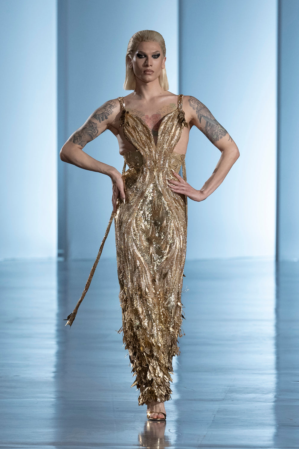 Surreal Space Gold Hand-Embroidered Dress in Gold