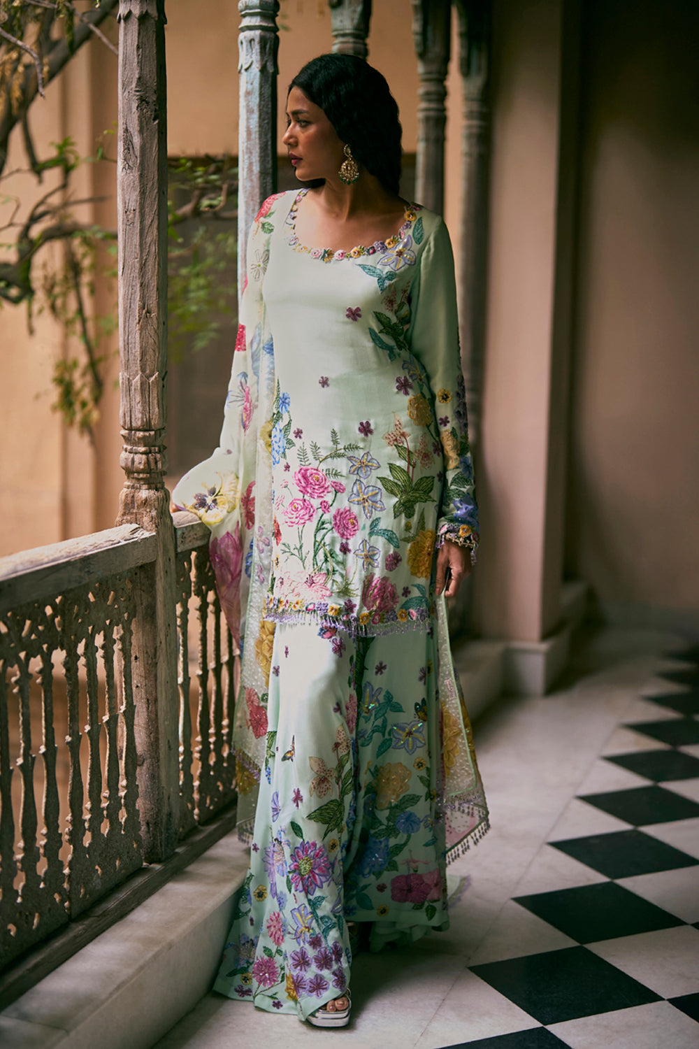 Valley Of Flowers Silk Georgette Sharara with Kurta &amp; Silk Organza Dupatta in Mint
