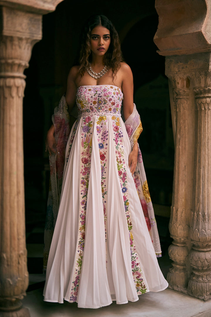 Valley Of Flowers Silk Satin Pleated Dress in Ivory