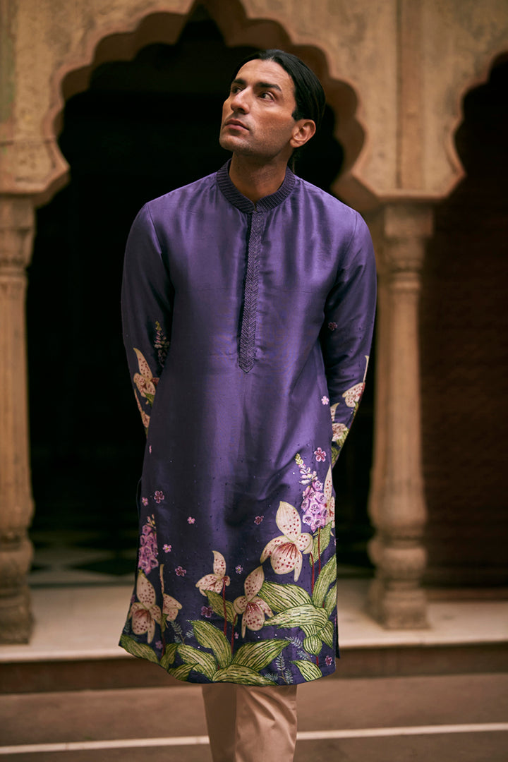 Valley Of Flowers Hand-Embroidered Kurta in Navy
