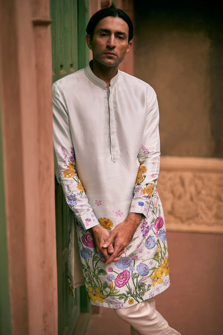 Valley Of Flowers Hand-Embroidered Kurta in Powder Blue