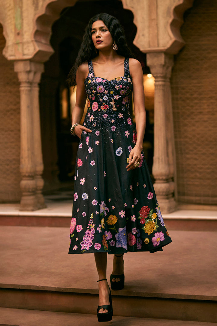Valley Of Flowers Silk Satin Dress in Black