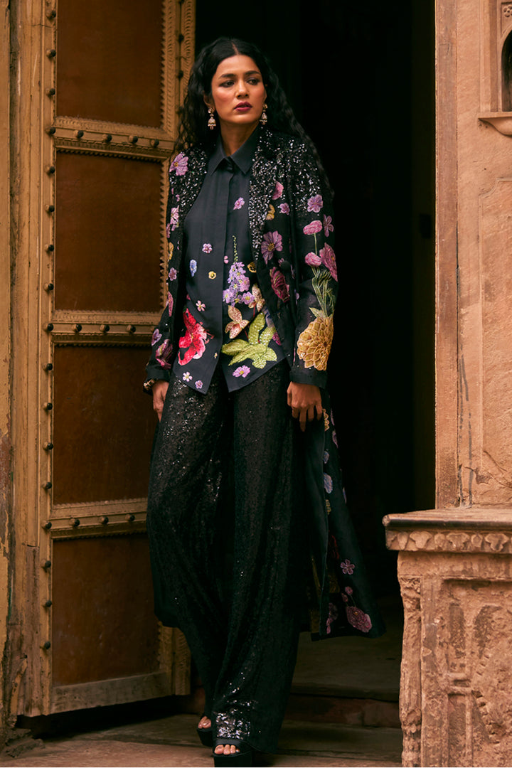 Valley Of Flowers Silk Organza Trench Coat in Black