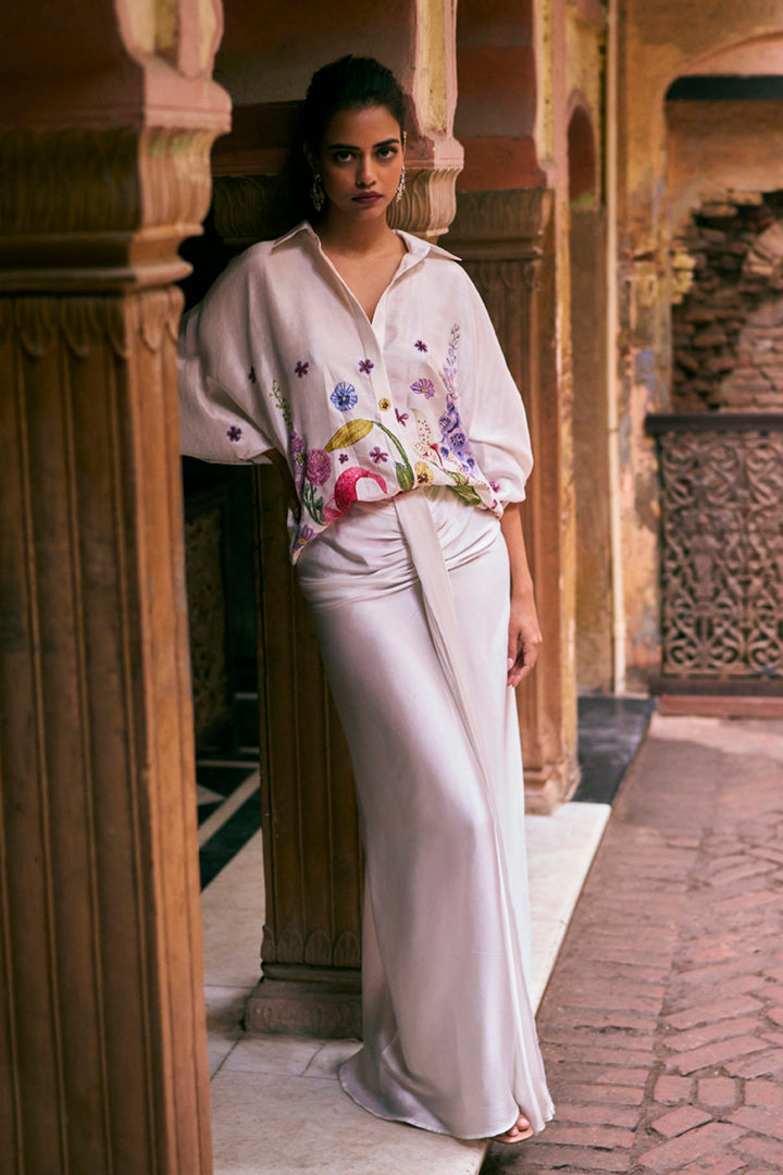 Valley Of Flowers Hand-Embroidered Shirt with Silk Satin Skirt in Ivory