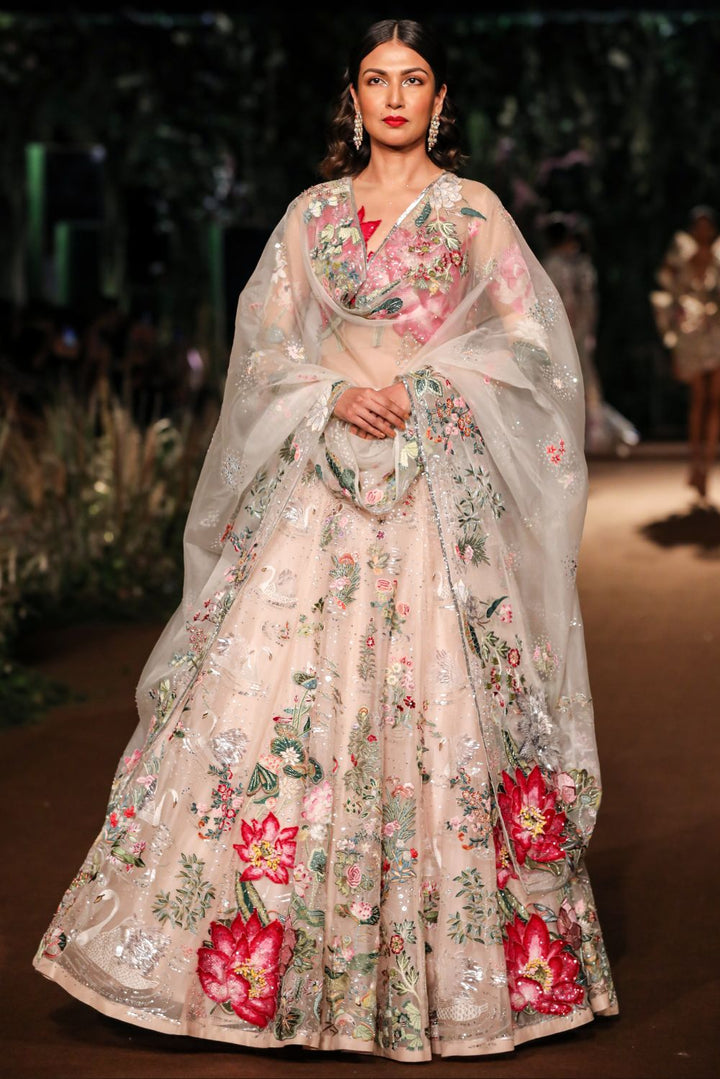 Padma Silk Organza Lehenga with Sundarbans Hand-Embroidered Blouse and Dupatta in Rose Pink, Nude, and Multi