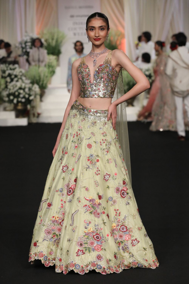 Anar Bel Silk Organza Lehenga with Hand-Embroidered Corset with Trail in Coral and Lime