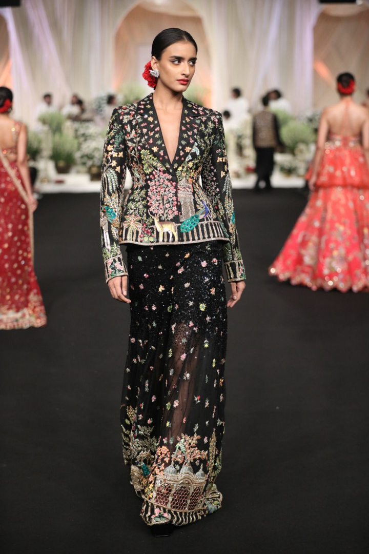 Jharokha Hand-Embroidered Jacket with Jharokha Hand-Embroidered Sharara in Black