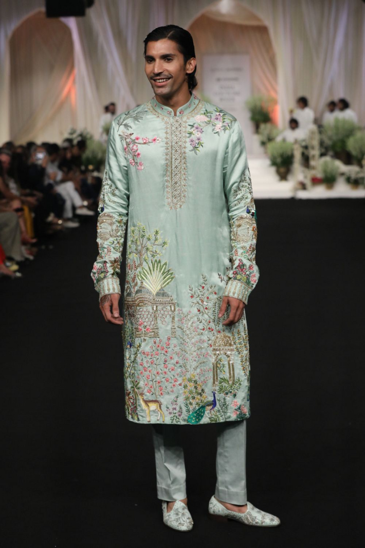 Jharokha Silk Satin Kurta in Mint