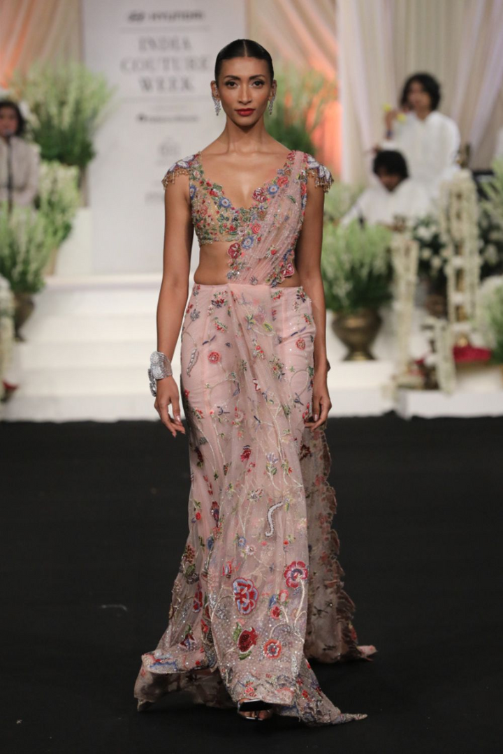 Anar Bel Hand-Embroidered Saree with Hand-Embroidered Blouse in Dusty Pink and Nude