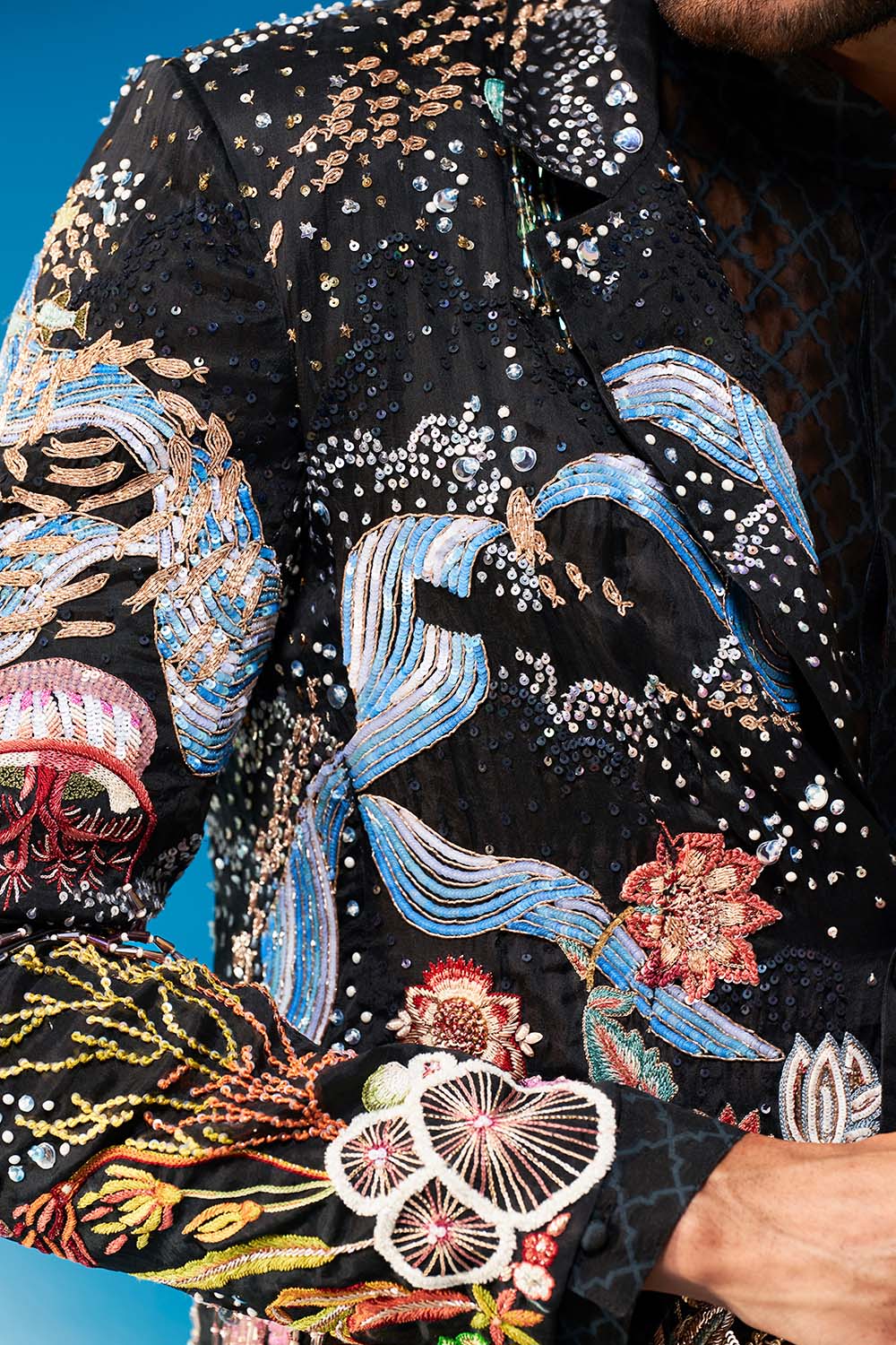 Cosmos Hand-Sequinned Jacket in Black and Multi