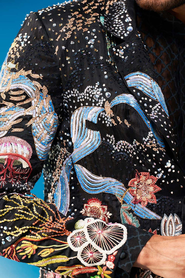 Cosmos Hand-Sequinned Jacket in Black and Multi
