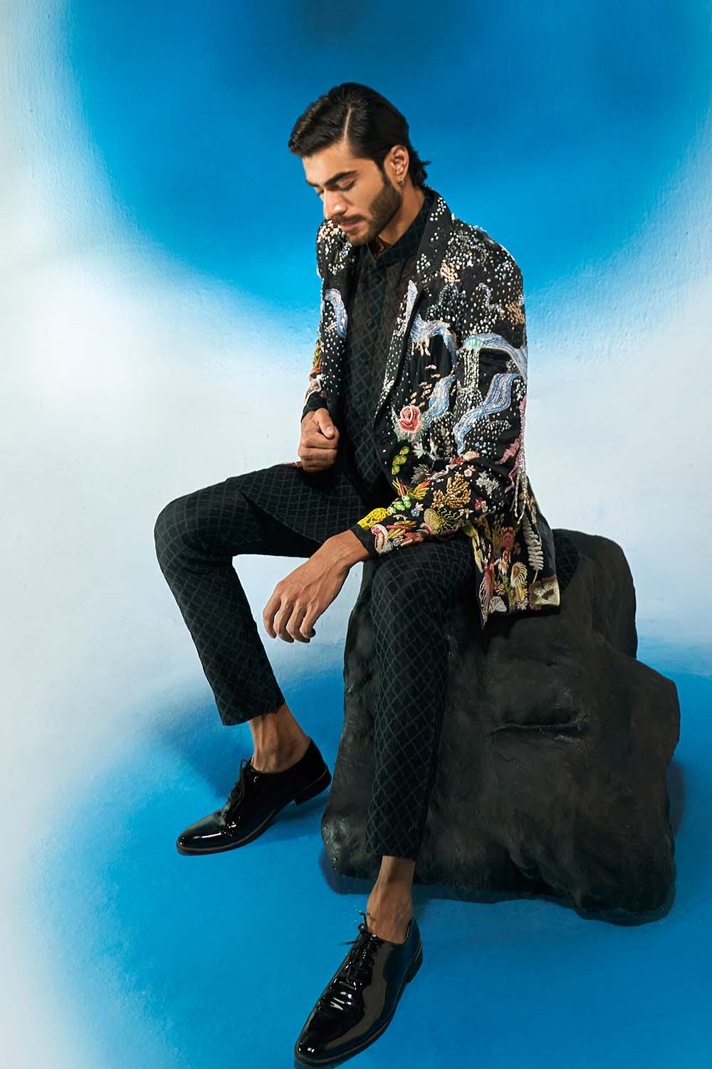 Cosmos Hand-Sequinned Jacket in Black and Multi
