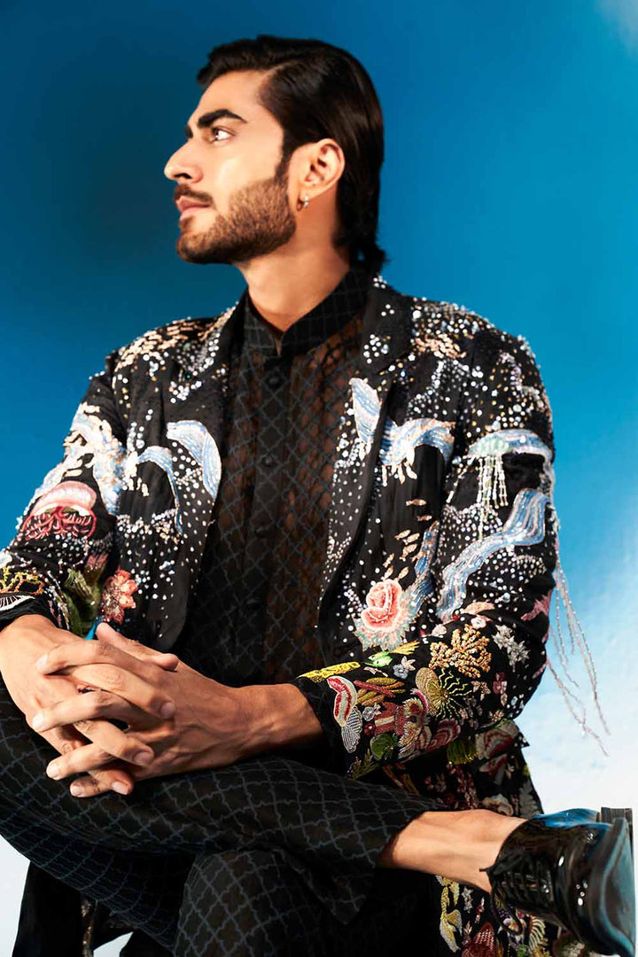 Cosmos Hand-Sequinned Jacket in Black and Multi