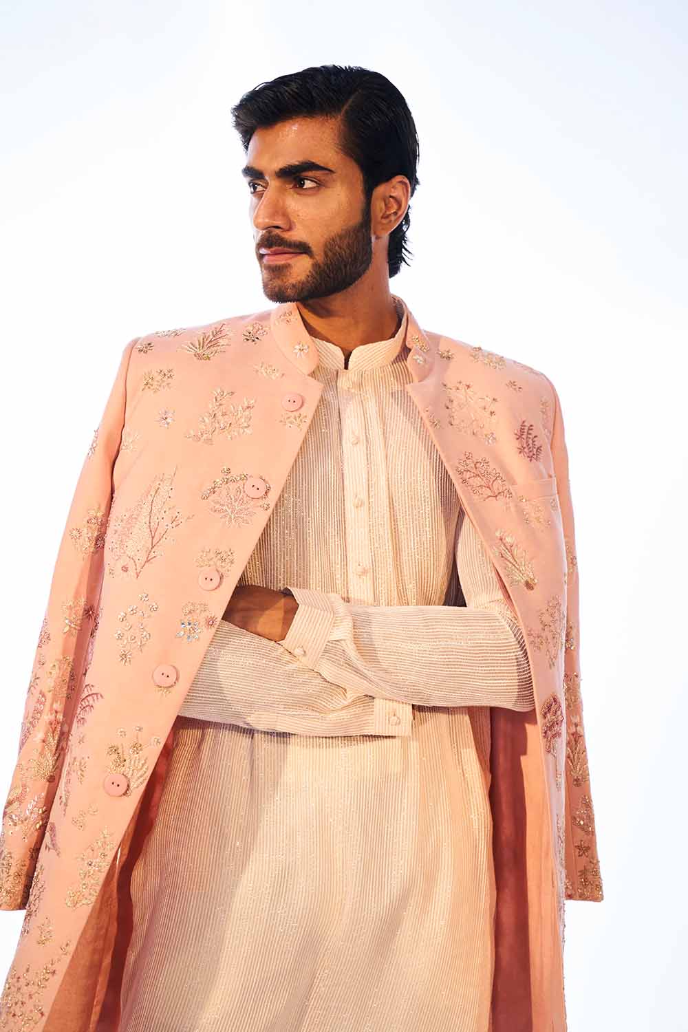 Navbhumi Hand-Embroidered Sherwani Set with Kurta in Rose Pink