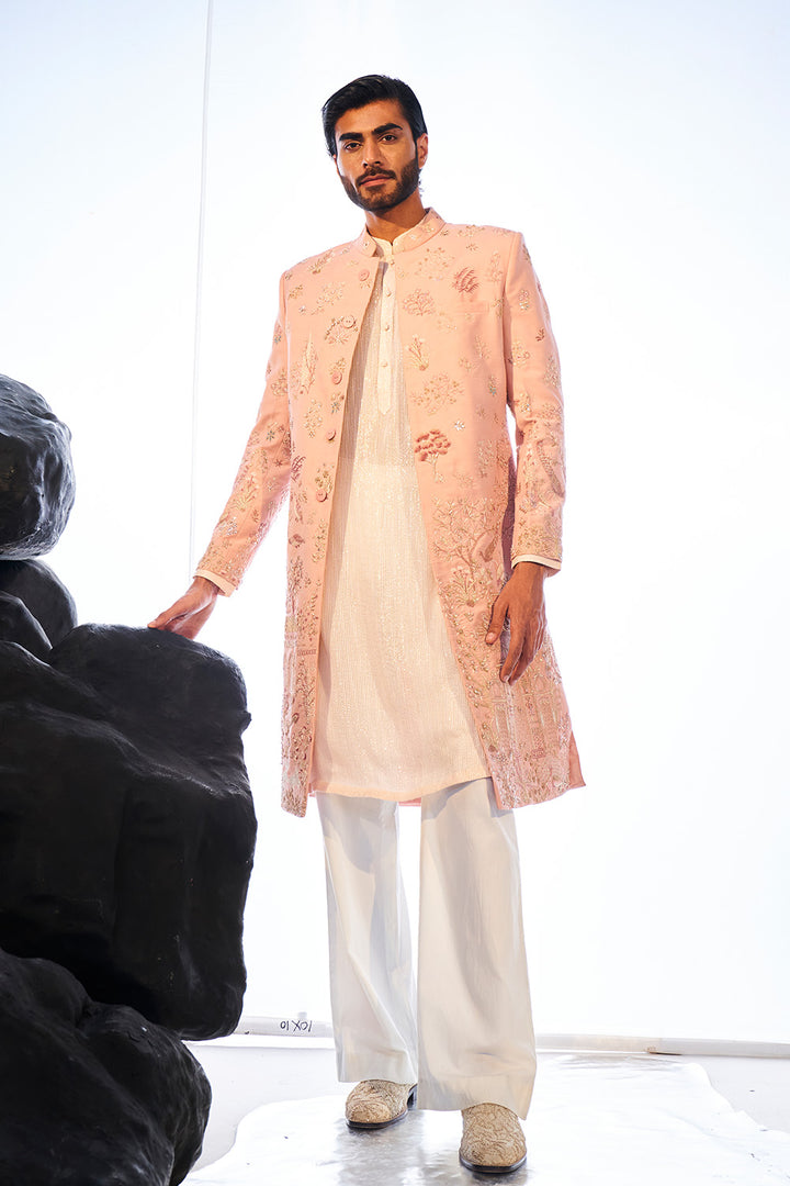 Navbhumi Hand-Embroidered Sherwani Set with Kurta in Rose Pink
