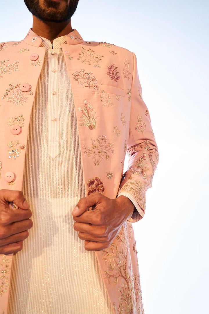 Navbhumi Hand-Embroidered Sherwani Set with Kurta in Rose Pink