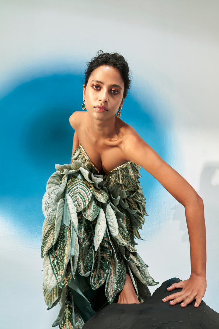Cosmos Hand-Embroidered Dress in Forest Green and Gold