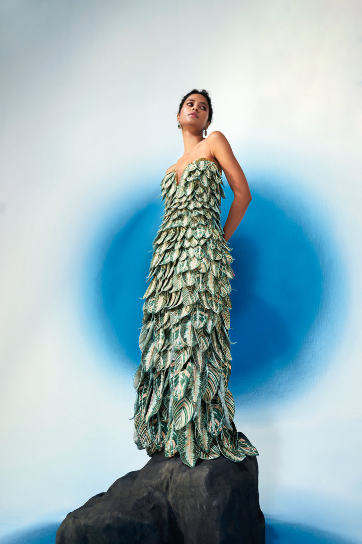 Cosmos Hand-Embroidered Dress in Forest Green and Gold