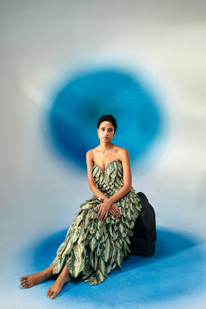 Cosmos Hand-Embroidered Dress in Forest Green and Gold
