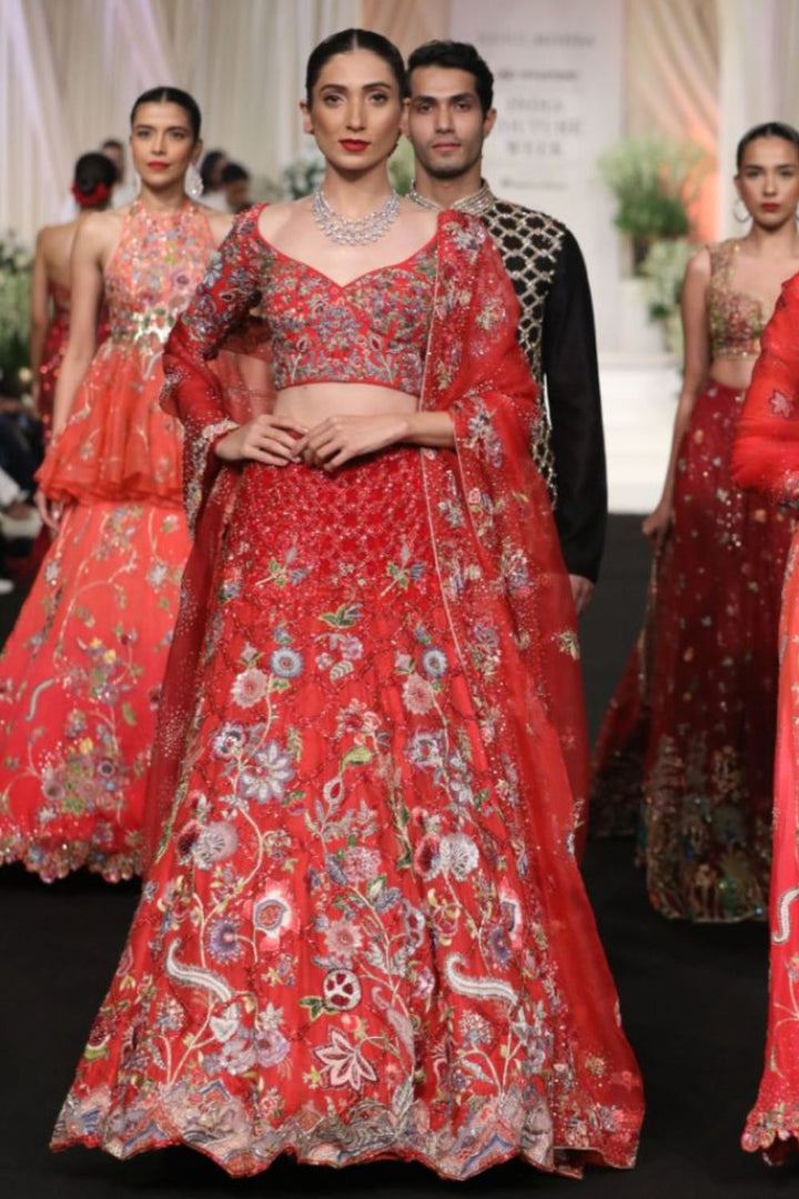 Anar Bel Silk Organza Lehenga, Silk Georgette Blouse &amp; Silk Organza Dupatta in Coral and Dusty Pink