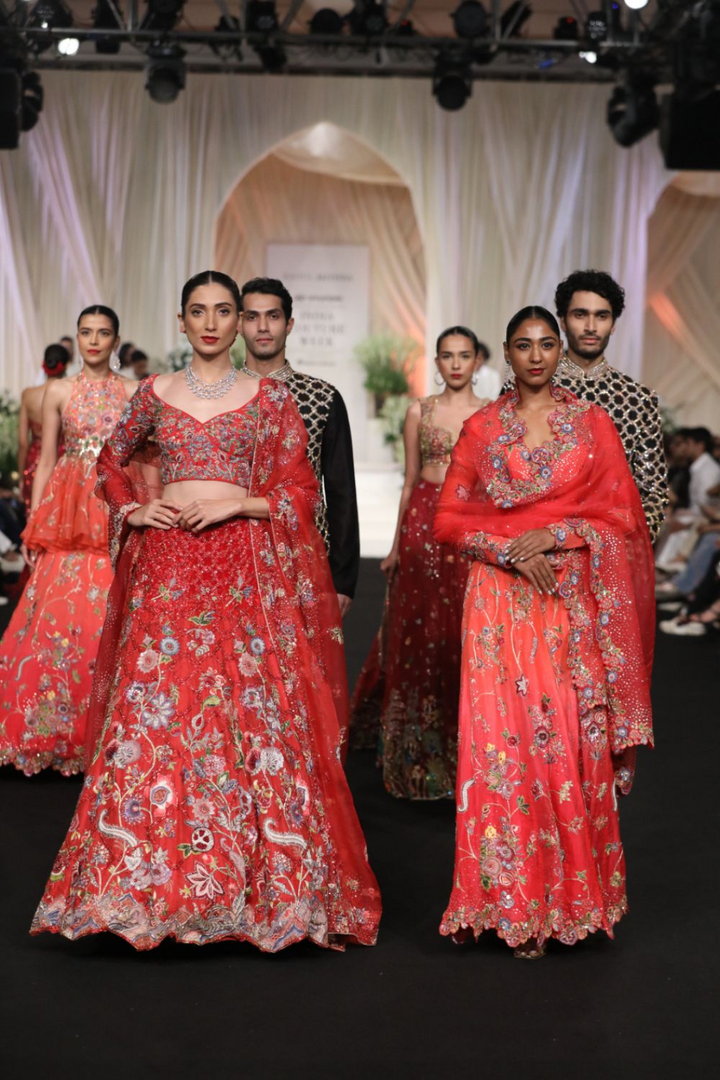 Anar Bel Silk Organza Anarkali with Silk Organza Dupatta in Sharbati Ombre and Coral