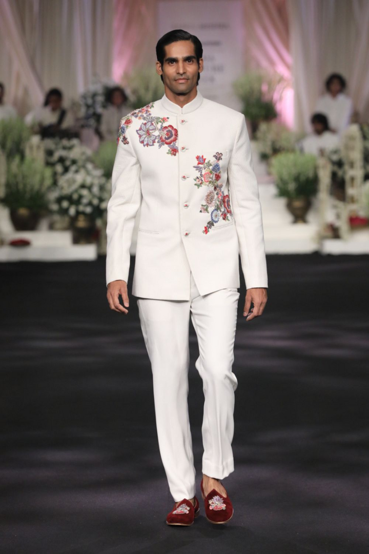 Anar Bel Silk Satin Bandhgala in Ivory