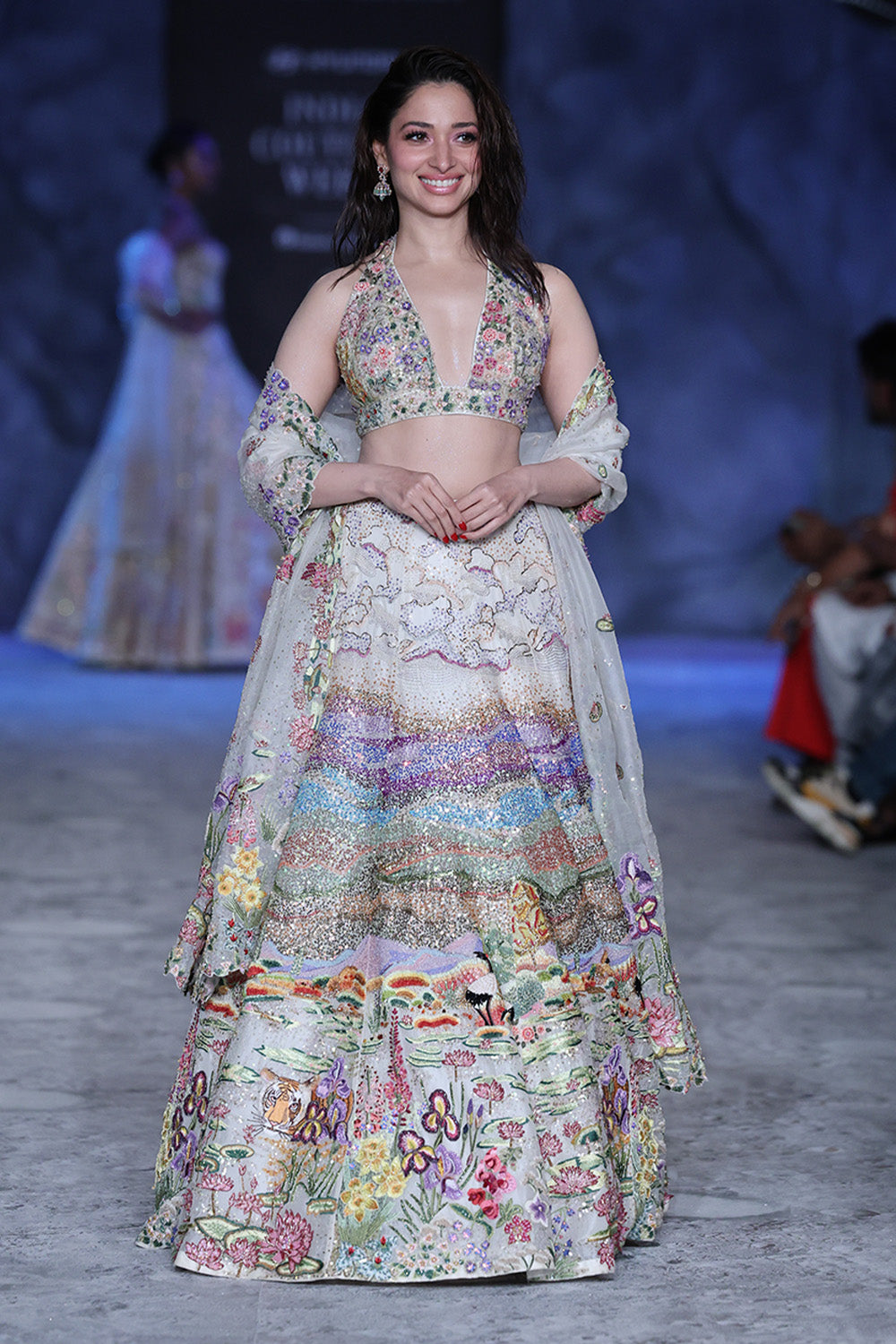 Pointillism Hand-Embroidered Blouse, Lehenga and Dupatta Set in Ivory