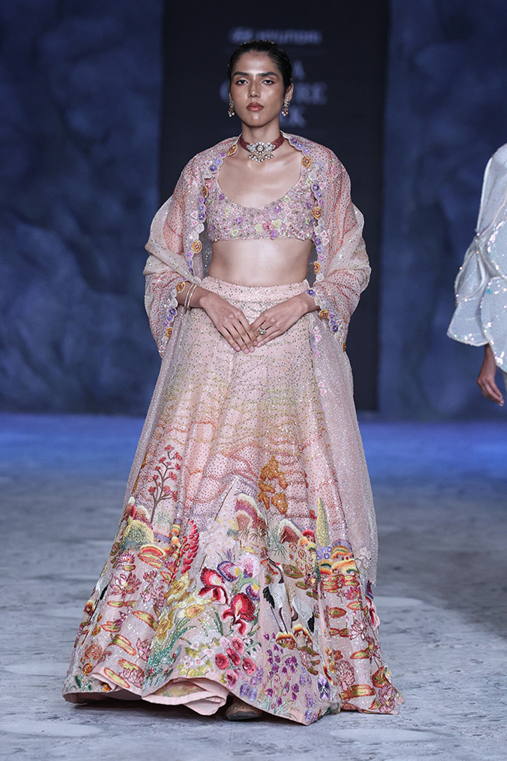 Corbett 3D Hand-Embroidered Blouse, Lehenga and Hand-Sequinned Dupatta Set in Blush Pink