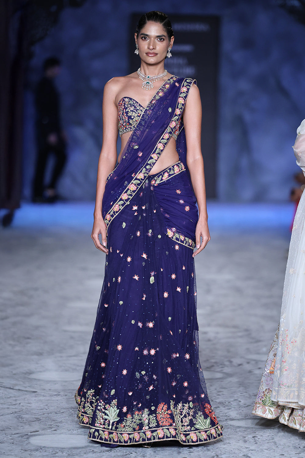 Raas Hand-Embroidered Concept Saree Set with Blouse in Navy
