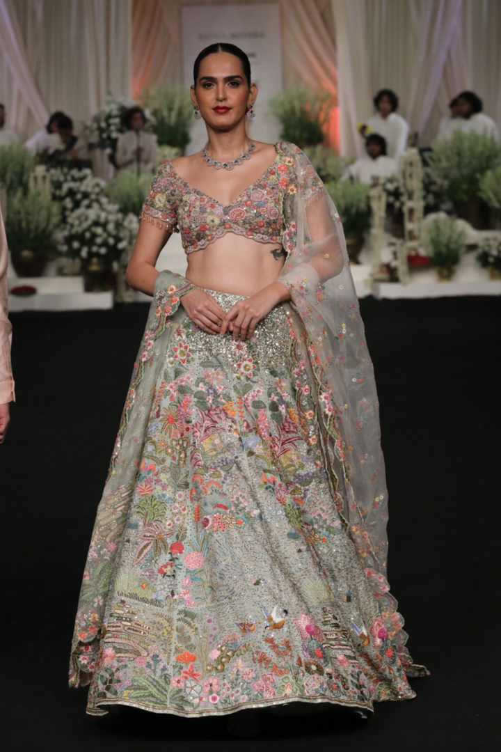 Kayra Silk Organza Lehenga, Hand-Embroidered Blouse, and Hand-Embroidered Dupatta in Mint