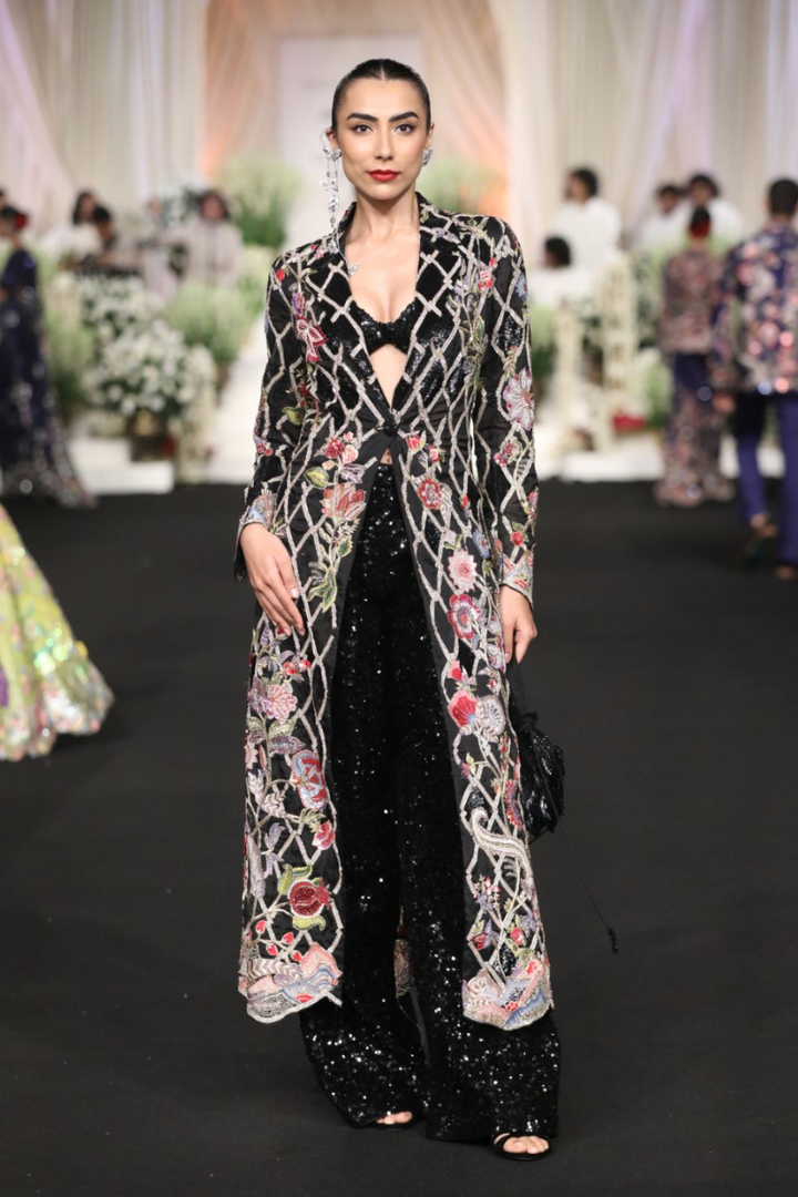 Anar Bel Silk Organza Trench Coat with Sequinence Hand-Sequinned Trousers in Black
